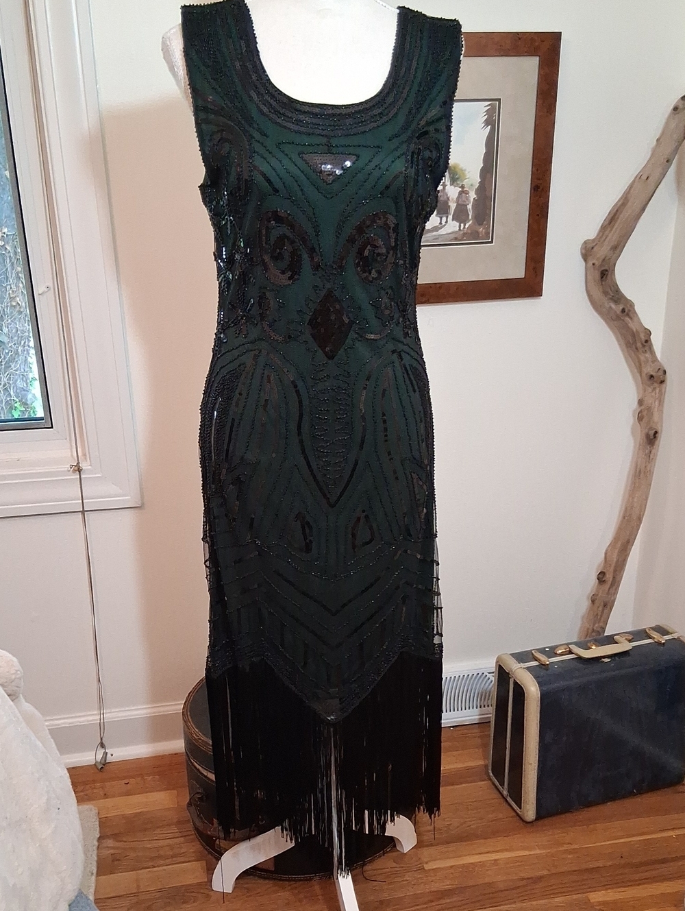 Vintage-Inspired Dark Green Beaded Fringe Evening Dress